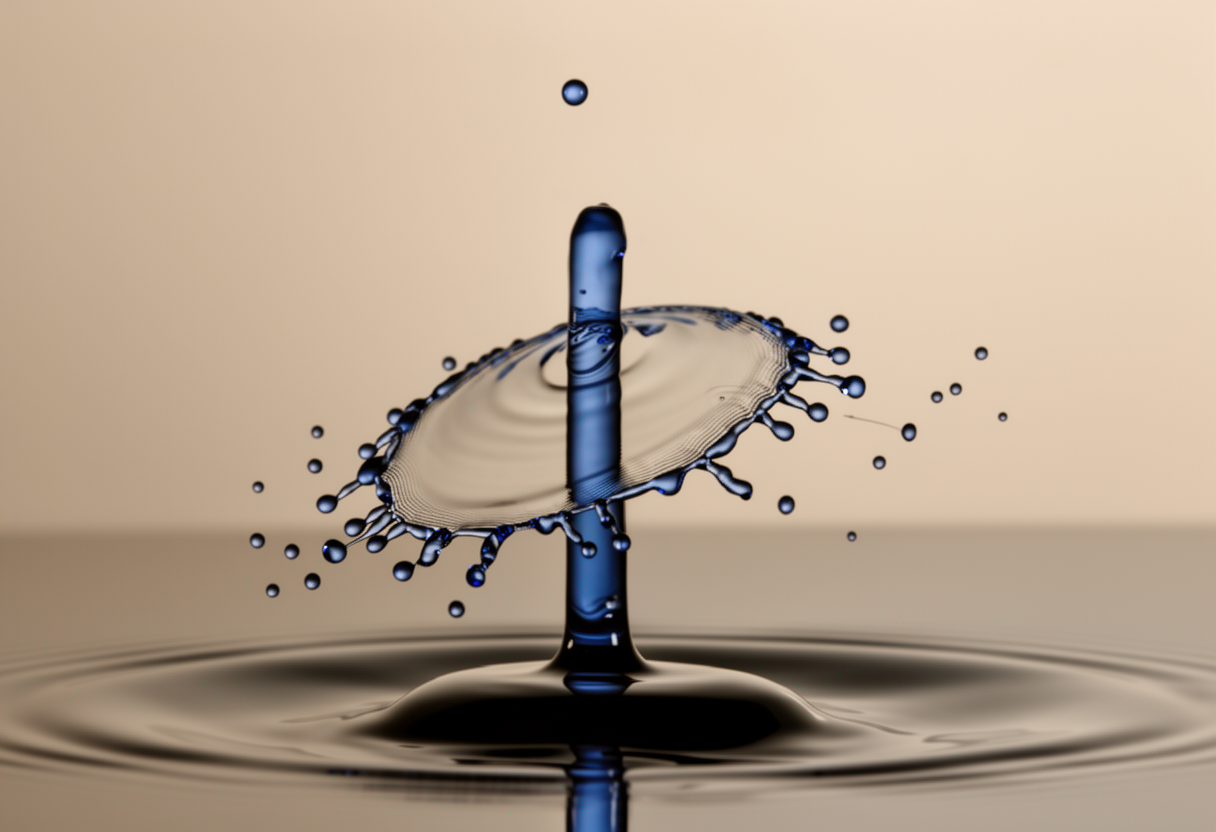 Macro shot of two water droplets colliding at high speed, merging into a chaotic, asymmetrical splash pattern.
