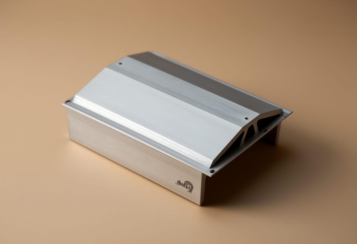 A minimalist studio photograph of a single precision-machined aluminum electronics enclosure on a brushed metal surface, lit with soft directional light to emphasize standardization and clean engineering.