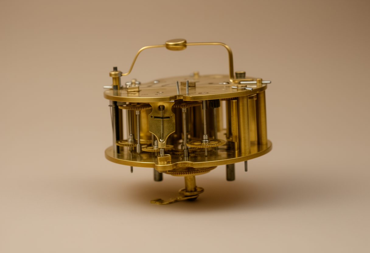 A minimalist brass and glass sorting mechanism on a dark matte surface, with a single polished stone token resting alone in the foreground while identical tokens sit behind a fine mesh filter, emphasizing a missing piece.