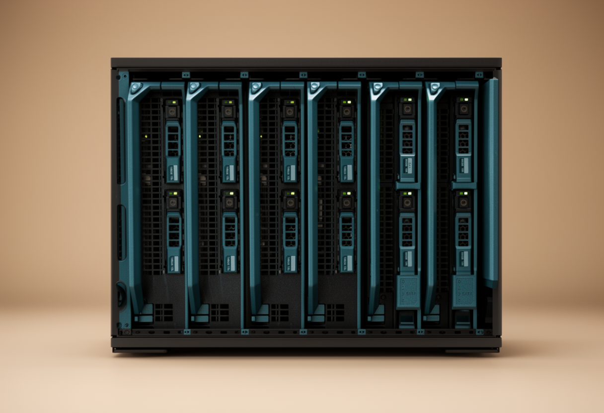 An open server chassis on a clean workbench, revealing empty mounting bays and basic relay switches instead of AI accelerators.