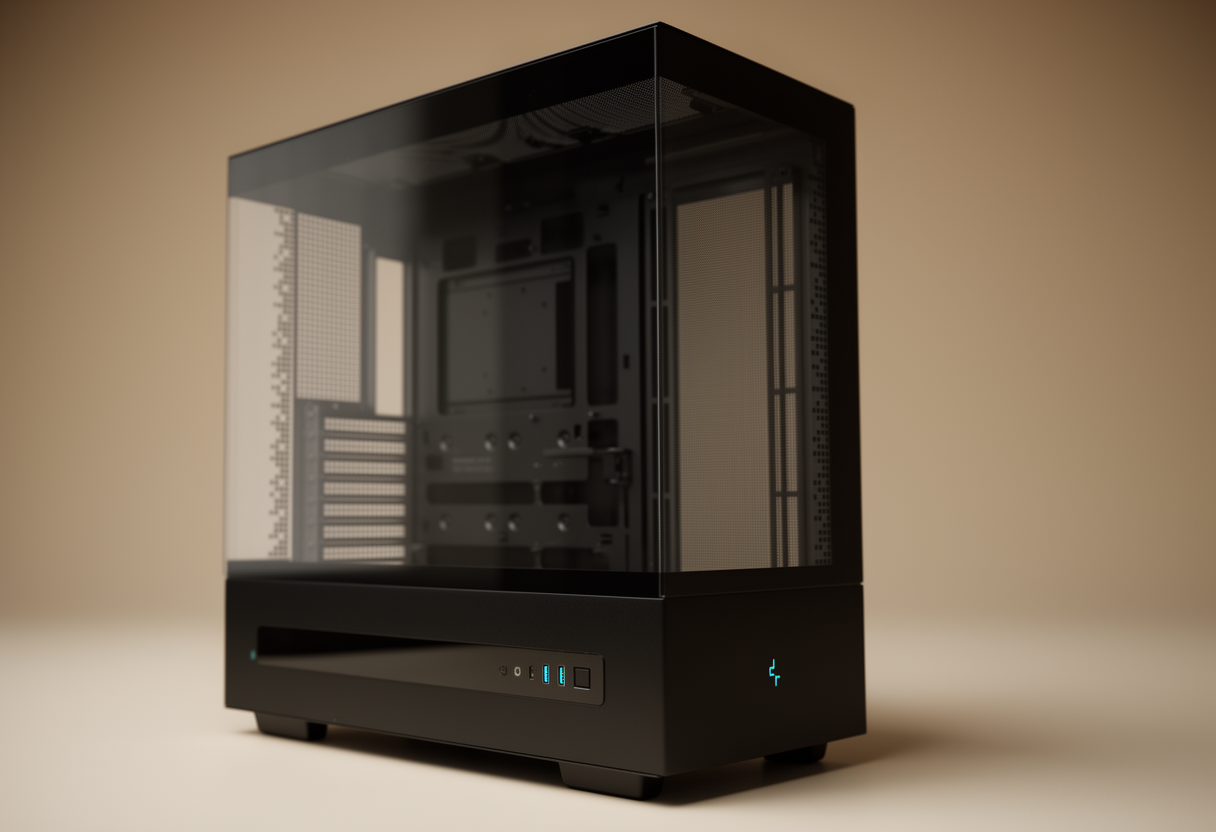 A minimalist hardware enclosure with a clear side panel showing mechanical toggle switches and routing cards instead of modern AI components.